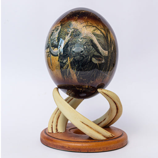 Buffalo Gloss Painted Ostrich Egg with Stand - Africa Handmade