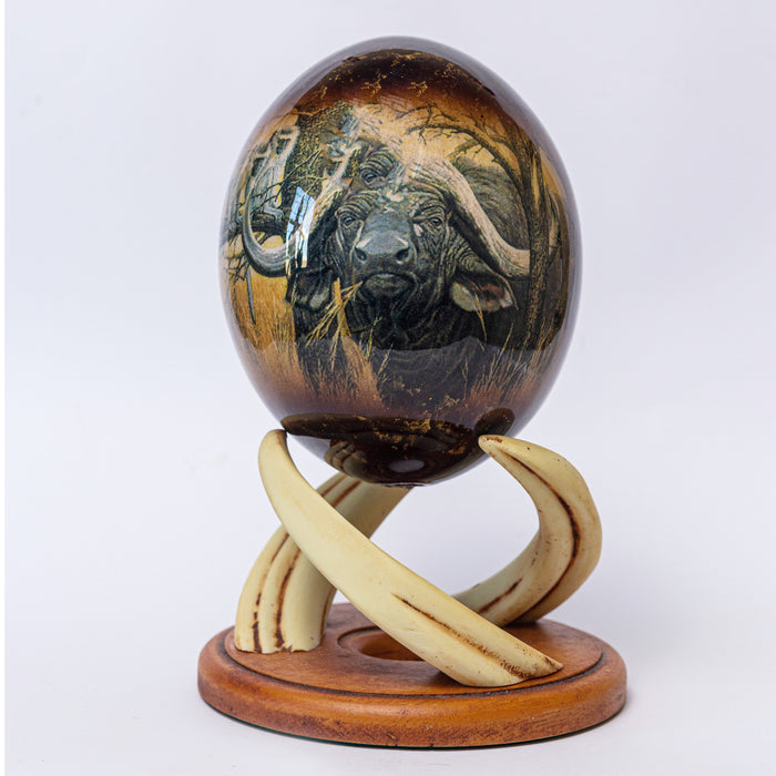 Buffalo Gloss Painted Ostrich Egg with Stand - Africa Handmade
