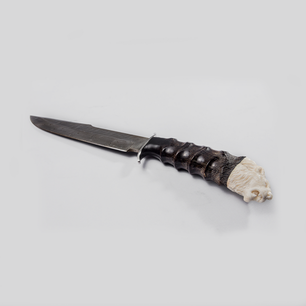 Lion Head Warthog Bone and Ebony Wood Drop Point Blade - Africa Handmade