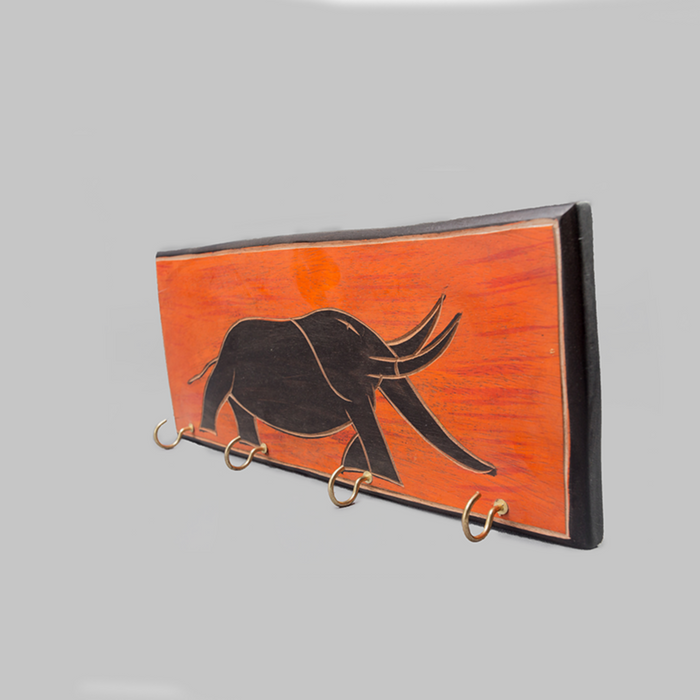 African Elephant & Sunset Painted Key Rack - Africa Handmade