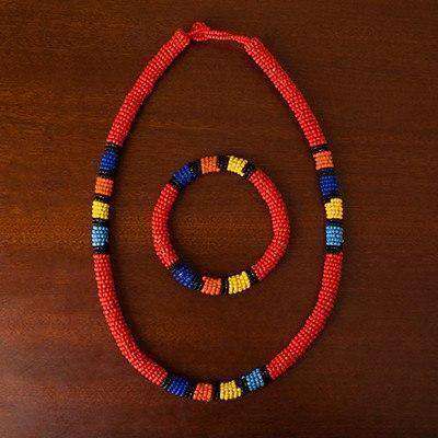 Beaded Ndebele Clan Women's HeadBand & Bangle (Red) - Africa Handmade