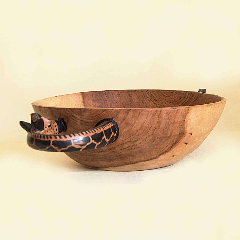 Giraffe Handle Teak Wood Round Shape Serving Bowl (Small) - Africa Handmade