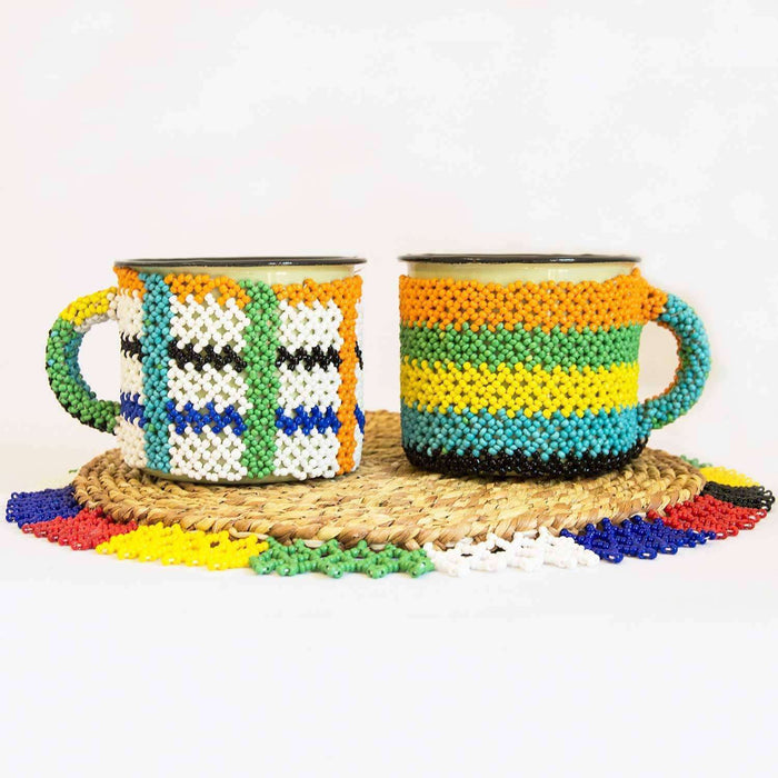 Beaded Steel Coffee Mugs Placemat Set - Africa Handmade