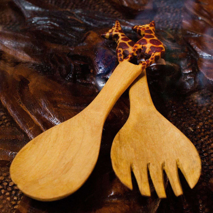 Hand Carved African Salad Fork and Spoon Giraffe Handle - Africa Handmade