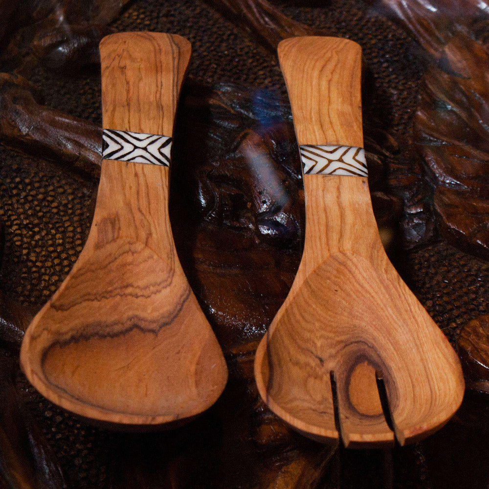 Hand Carved African Salad Fork and Spoon with Traditional Design - Africa Handmade
