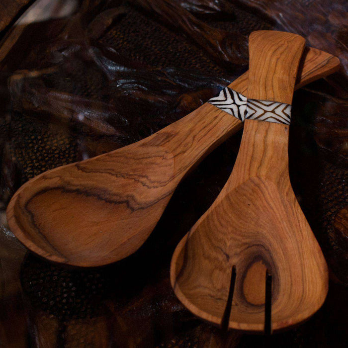 Hand Carved African Salad Fork and Spoon with Traditional Design - Africa Handmade